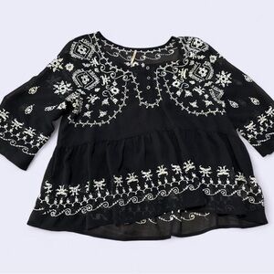 Free People Black and White Embroidered sheer Blouse